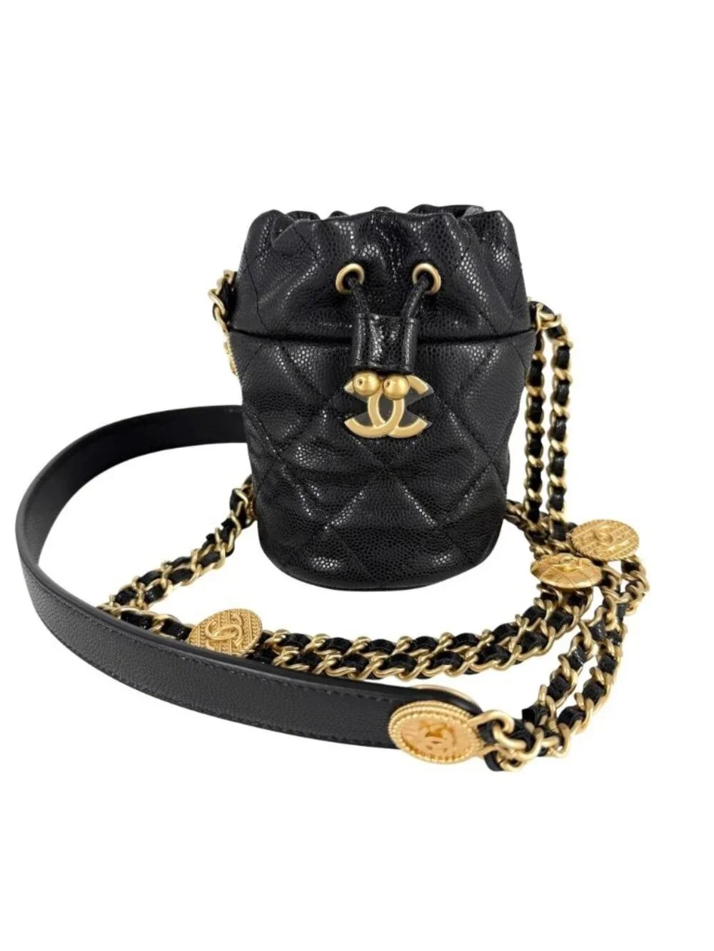 Chanel Shoulder Bag Quilted CC Logo Drawstring Crossbody Caviar Leather Black